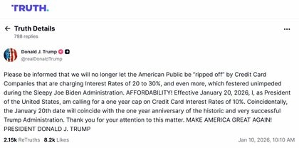 トランプ大統領「クレジットカード金利上限を1年間10％にする」と発表　物価高対策や生活費高騰対策をアピールする狙いか