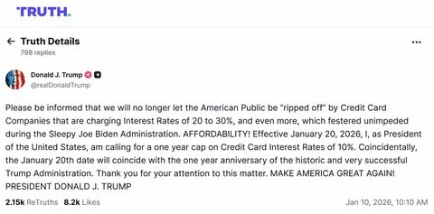 トランプ大統領「クレジットカード金利上限を1年間10％にする」と発表　物価高対策や生活費高騰対策をアピールする狙いか