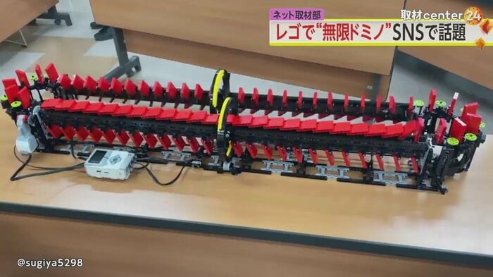 画面上部の列が倒れ終わったかと思うと、黒いレールが回転して直立したドミノが出てきた。その間も画面下部の一列は倒れ続けている