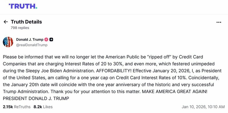 トランプ大統領「クレジットカード金利上限を1年間10％にする」と発表　物価高対策や生活費高騰対策をアピールする狙いか｜FNNプライムオンライン