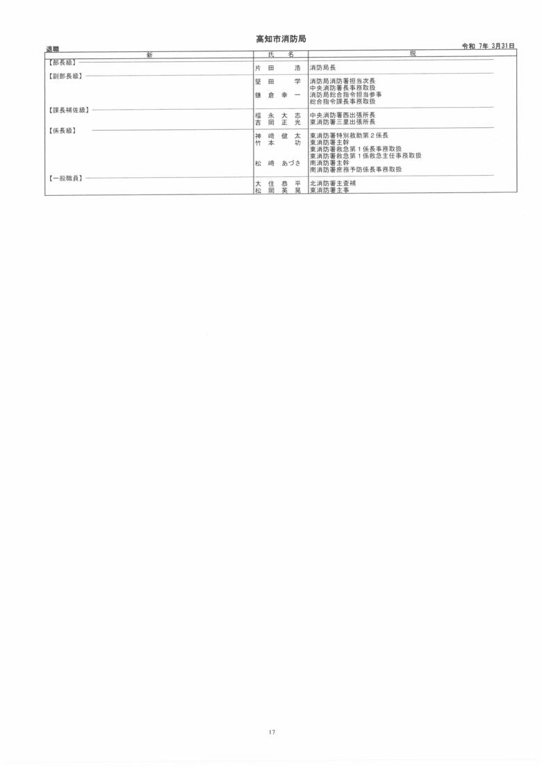 高知市消防局　人事異動一覧（4枚目）