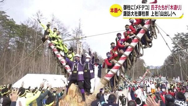 諏訪大社御柱祭 上社山出しに向けて氏子たちが 木造り メドデコ 乗って気分高まる