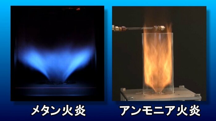 メタン火炎とアンモニア火炎の比較 写真:科学技術振興機構