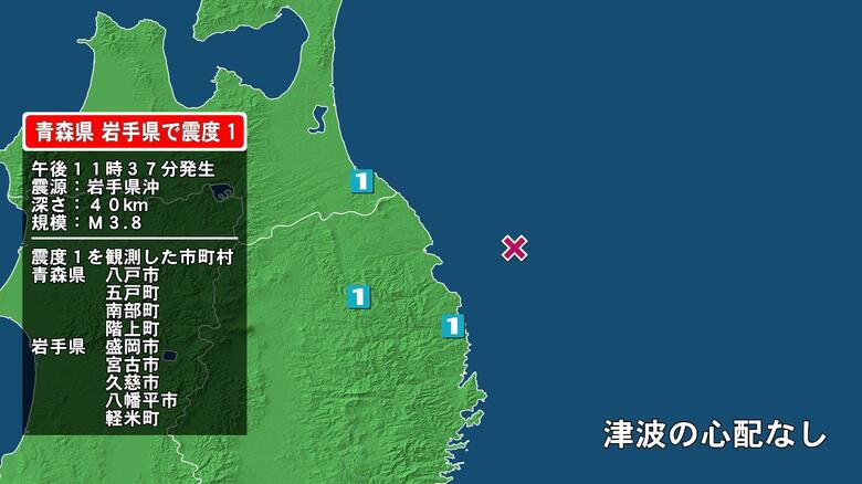 青森県で最大震度1の地震　青森県・八戸市、五戸町、青森南部町、階上町、岩手県・宮古市、久慈市、盛岡市、八幡平市｜FNNプライムオンライン