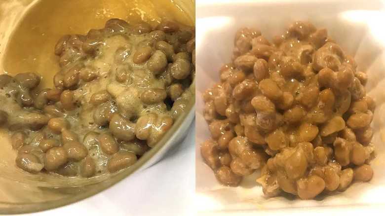 NTOで混ぜた納豆(左)・普通に混ぜた納豆(右)