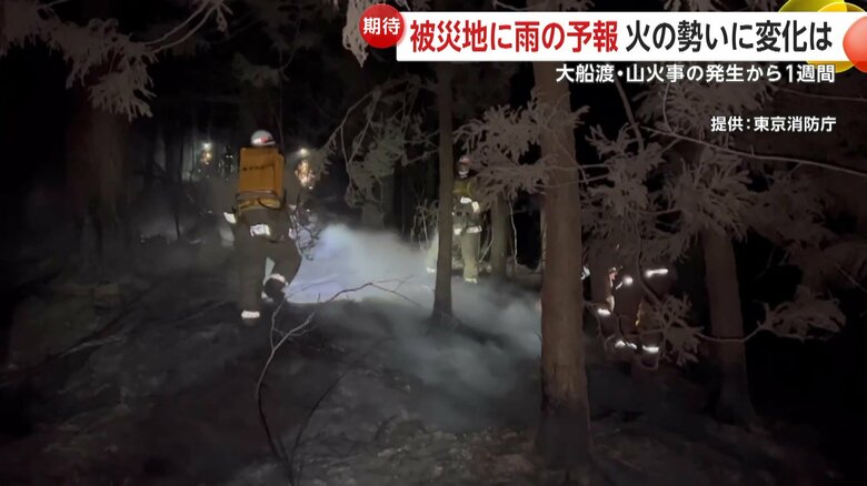 昼夜を問わず消火活動にあたっている消防隊の周囲にも雪の粒が