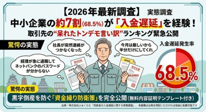 【2026年最新調査】中小企業の約7割（68.5%）が「入金遅延」を経験！取引先の“呆れたトンデモ言い訳”ランキングも発表。～黒字倒産を防ぐ資金繰り防衛策とは？～