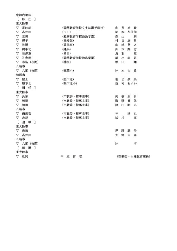 中学校の教頭・転任・新任・退職・解職