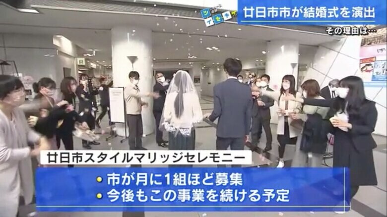 フラワーシャワーの花道を進む隴本さん夫婦