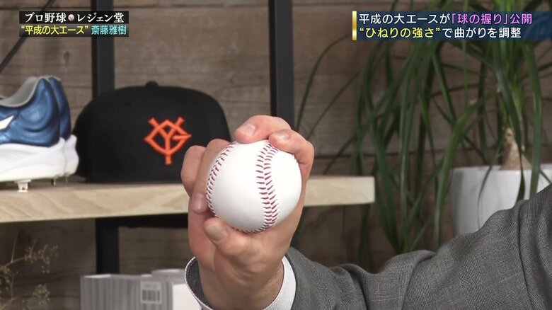 人さし指を縫い目にかける斎藤氏のカーブの握り