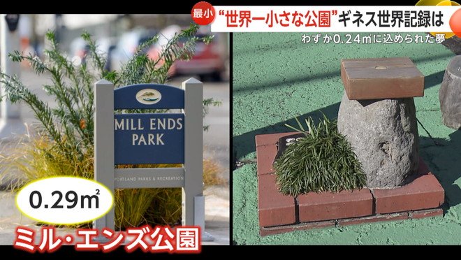 ギネス記録に認定されているアメリカ・オレゴン州のミル・エンズ公園の面積は0.29平方m