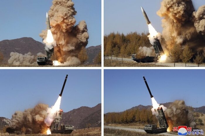 上2枚:KN-24 射程400㎞、ATACMS擬きと呼ばれる。下2枚:KN-25超大型放射砲(朝鮮中央通信11月7日付け)