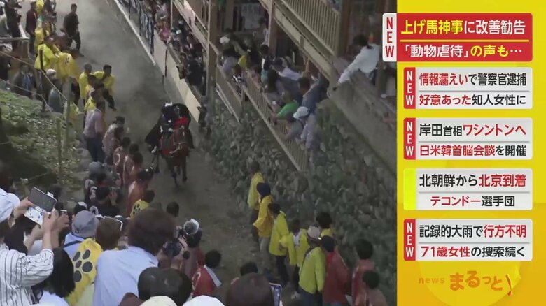 狭い道を、助走をつけて走り抜ける馬