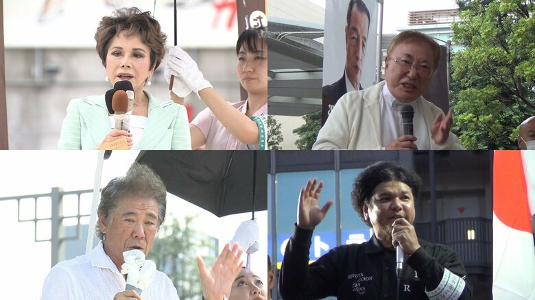 左上：デヴィ夫人、右上：高須克弥院長、左下：西岡徳馬さん、右下：関暁夫さん