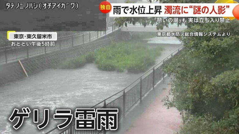 ゲリラ豪雨で水位が急上昇した川の中に謎の人影があった