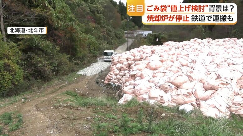 一時保管された燃えるごみの山