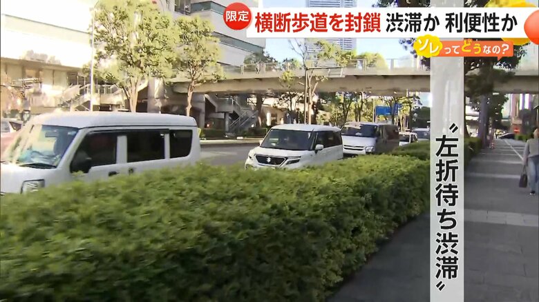 横断歩道を渡る歩行者を待つ車