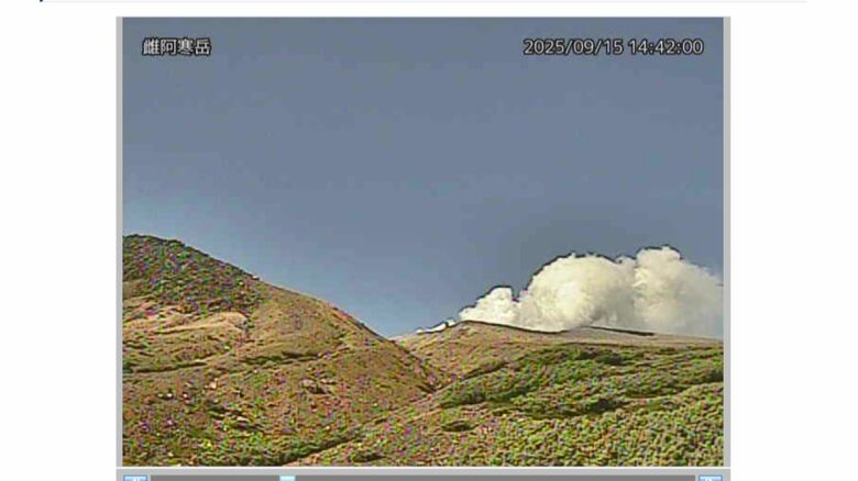 噴気が上がる雌阿寒岳（気象庁HPより）