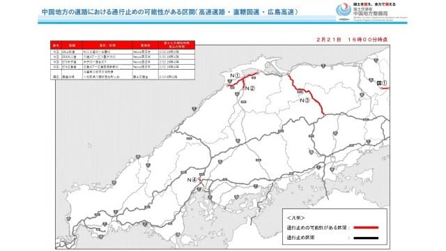 警報級大雪に備え…２２日夕方以降に米子道や山陰道など高速道路で通行止めの可能性（鳥取）