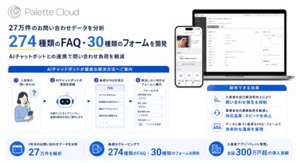 入居者アプリ「パレット管理」、27万件のお問い合わせデータを解析し274種類のFAQと30種類のフォームを開発。AIチャットボットとの連携で問い合わせ負荷を軽減