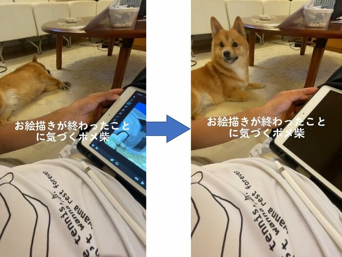 ボタンのカチッというわずかな音に反応して、起き上がるもなかくん