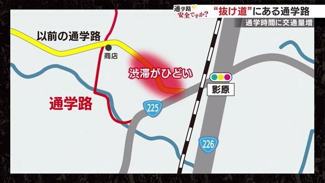 黄色い線が以前の通学路。赤い線の道路に変更するも渋滞多く抜け道に
