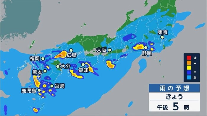 九州から東海に活発な雨雲 局地的に1時間50mm以上