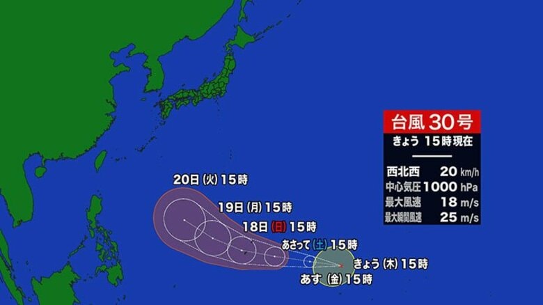 【進路予報】『台風30号（チャンパー）』週明けに「非常に強い」勢力へ発達…21日には日本の南に進む見込み＜気象庁発表＞｜FNNプライムオンライン