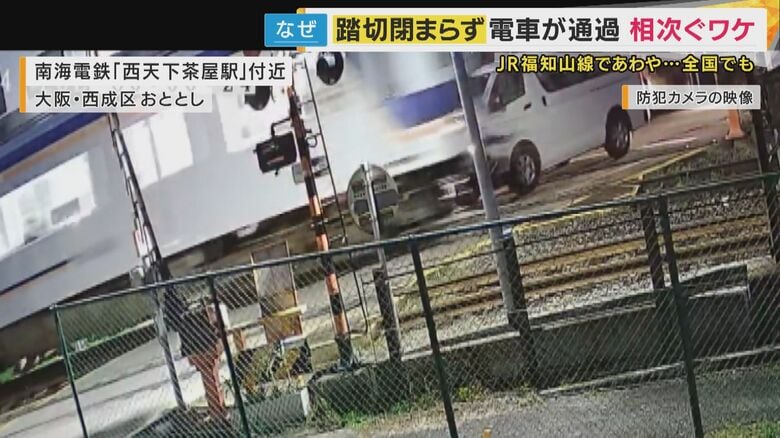 南海電鉄西天下茶屋駅の近くにある踏切で電車と車が接触