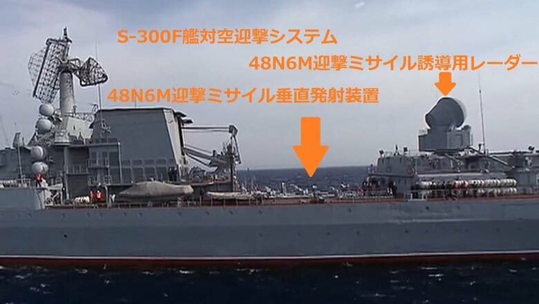 「モスクワ」のS-300F艦対空迎撃システムの48N6M迎撃ミサイル垂直発射装置と誘導用レーダー