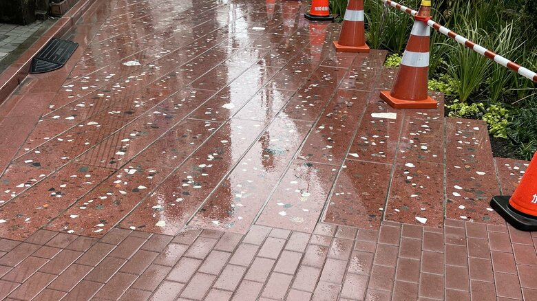 手前のブロック型が通常使用される舗装材、奥がテラゾ舗装材