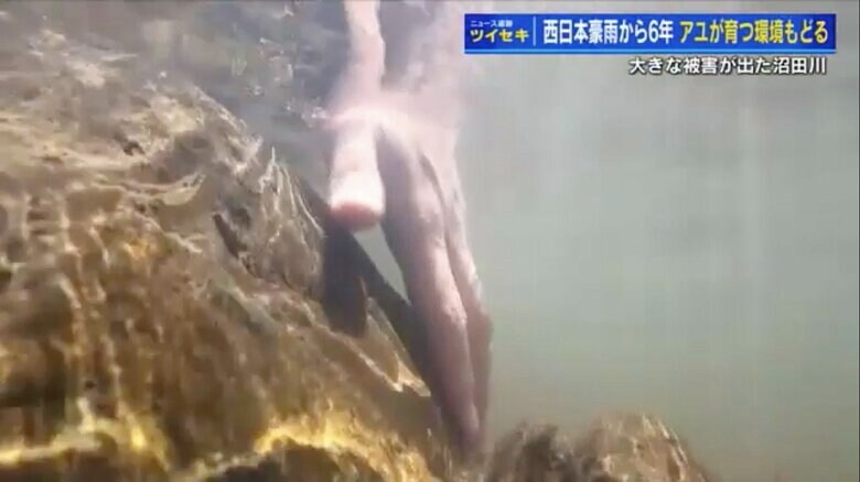 ツルツルした石の感触を確かめる野川アナ