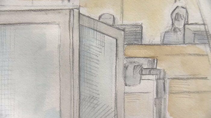 母親の姿はついたてで隠された（法廷内イラスト）