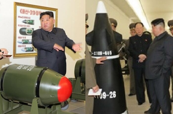 「火山31」戦術核弾頭か?視察する金正恩総書記(左)KN-25超大型放射砲弾体先端部と金正恩総書記(右)