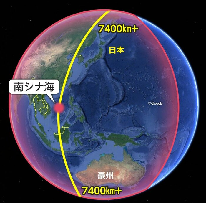 JL-2戦略核ミサイル(SLBM)射程図(南シナ海中央からの場合7400kmの範囲)