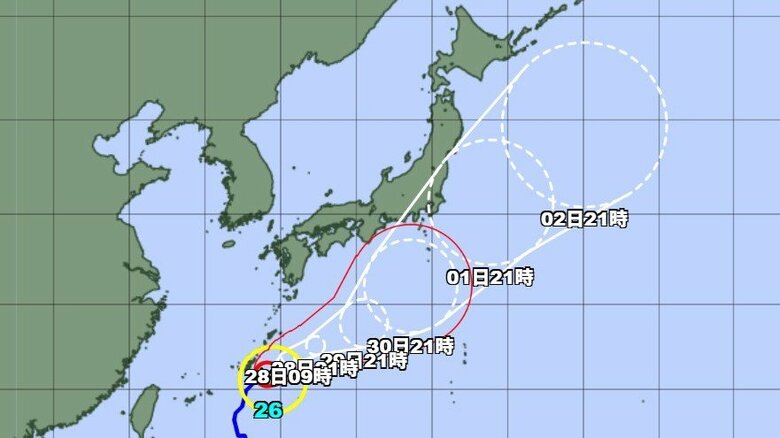 【台風情報】非常に強い台風26号の進路予想　27日午後9時には那覇市の東約140キロ、中心気圧945ヘクトパスカル　28日午前9時には、非常に強い勢力で南大東島の北北西約140キロに達する予想｜FNNプライムオンライン