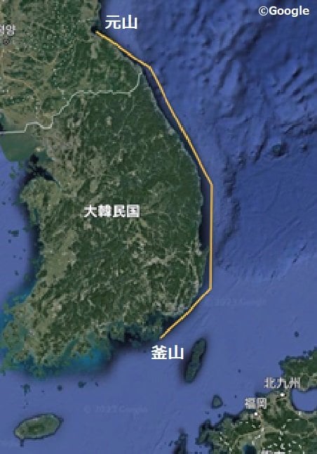 地形に沿って600km航続出来ると北朝鮮の元山から韓国の釜山にまで物理的には到達可能か。(Tarao Goo氏作成)