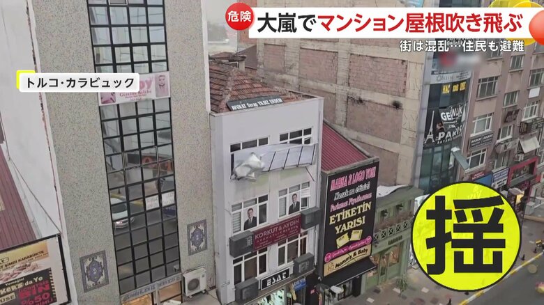 人々の頭上には外れそうな看板が