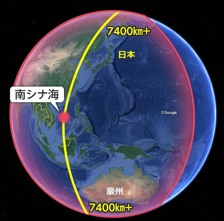 JL-2戦略核ミサイル(SLBM)射程図(南シナ海中央からの場合7400kmの範囲)