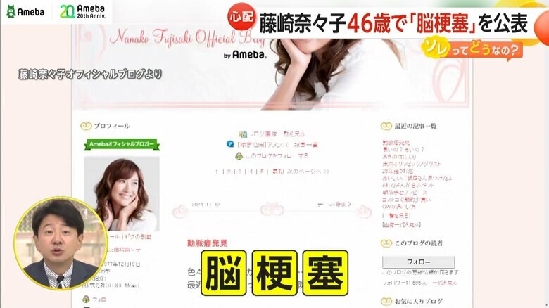 脳梗塞と診断されたことを公表したタレントの藤崎奈々子さんのブログ