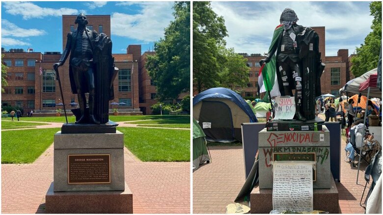 ワシントン初代大統領の像（左：ジョージ・ワシントン大学のSNSより）