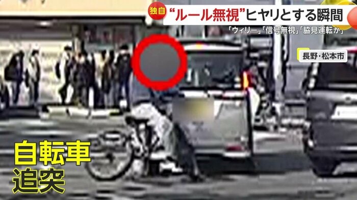 止まっている車に追突した自転車(視聴者提供)