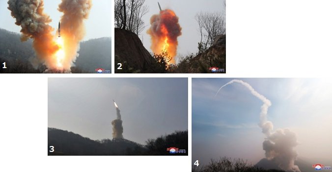 1.二手に別れた噴射炎の間から上昇するミサイル(地下サイロ発射?)。2.上昇途中で機動し始めたKN-23系列と見られる弾道ミサイル。3.遠景から撮影されたKN-23系列と見られるミサイルの軌道。4.発射されたKN-23系列と見られるミサイルの軌道を示す噴煙。(朝鮮中央通信・2023年3月20日)