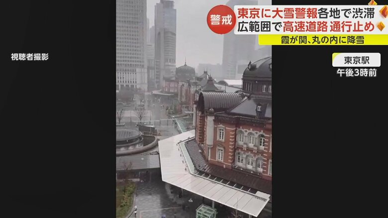 東京駅の赤レンガ駅舎も雪で白くけむっていた