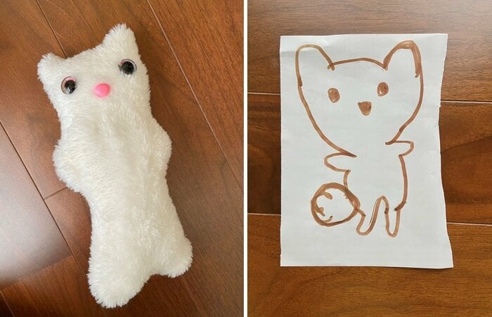 初めて作ったという「ほっそりネコちゃん」とその設計図