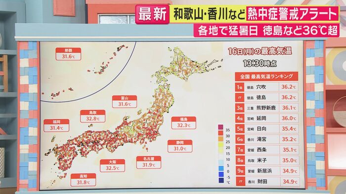 全国最高気温ランキング(6月16日)