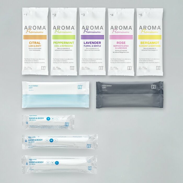 上段から、「AROMA Premium」(255mm×270mm)100本入り3630円、「AIRY」100本入り2,200円、「HAND&BODY」Sサイズ(300mm×200mm)50本入1870円・Mサイズ(300mm×300mm)100本入3300円・Lサイズ(600mm×300mm)50本入 3300円 ※いずれも税込み
