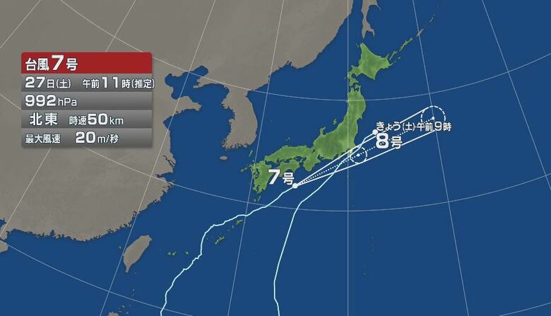 台風7号　27日夕方から夜のはじめに最接近の見込み　土砂災害などに十分な注意を　台風8号は温帯低気圧に変わる｜FNNプライムオンライン