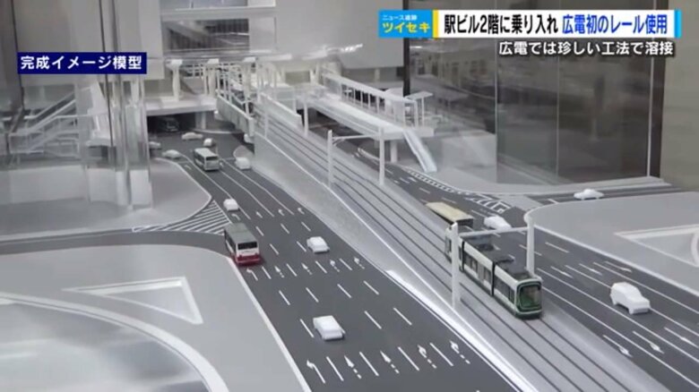路面電車は高架で駅ビル2階へ
