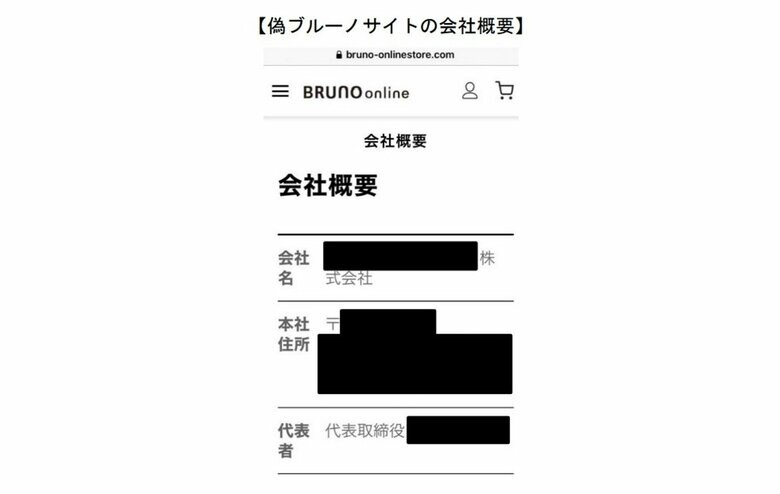 BRUNO偽サイトの会社概要（提供：消費者庁）